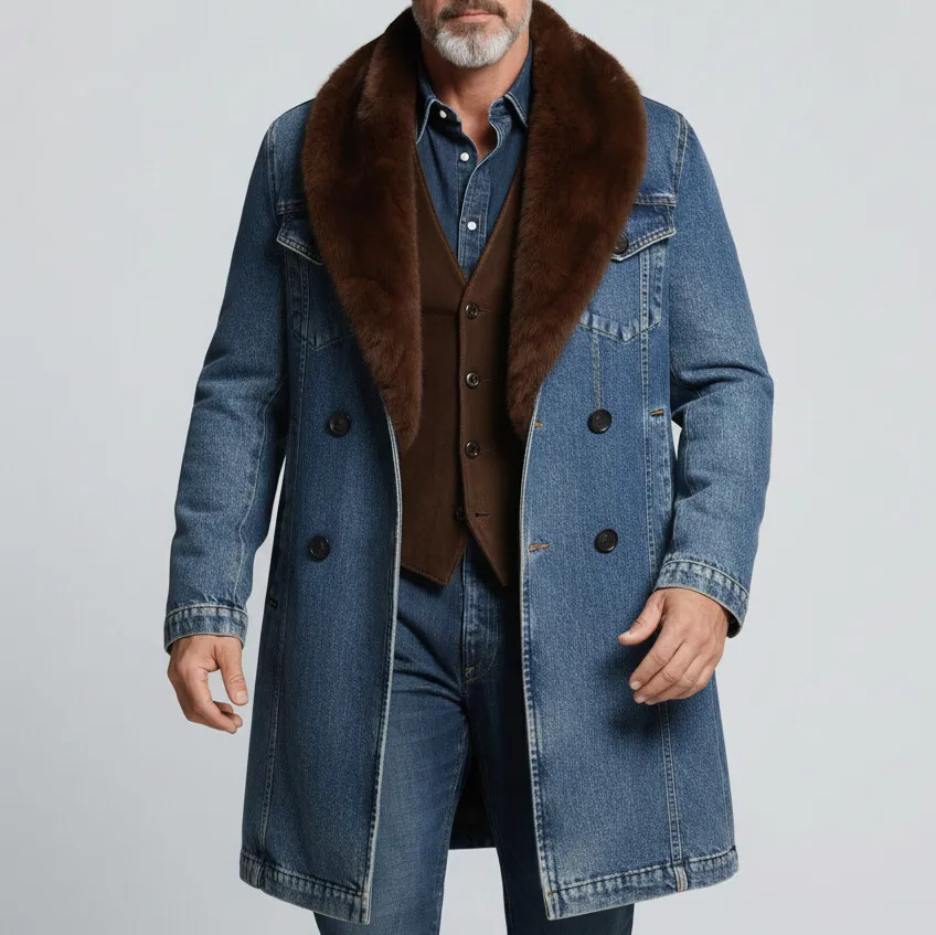 Men's Blue Furry Collar Double Breasted Long Sleeve Denim Overcoat