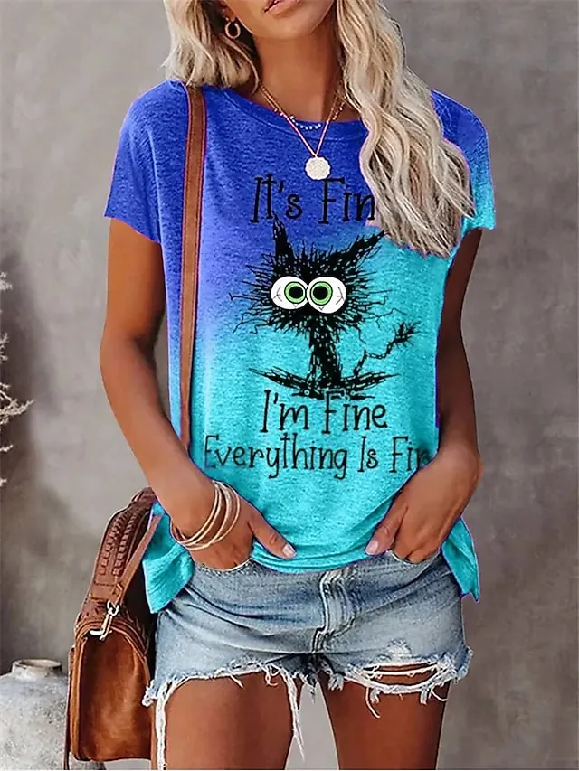 Women's T shirt Tee Yellow Blue Orange Cat Letter Print Short Sleeve Daily Weekend Basic Round Neck Regular Fit Cat Painting