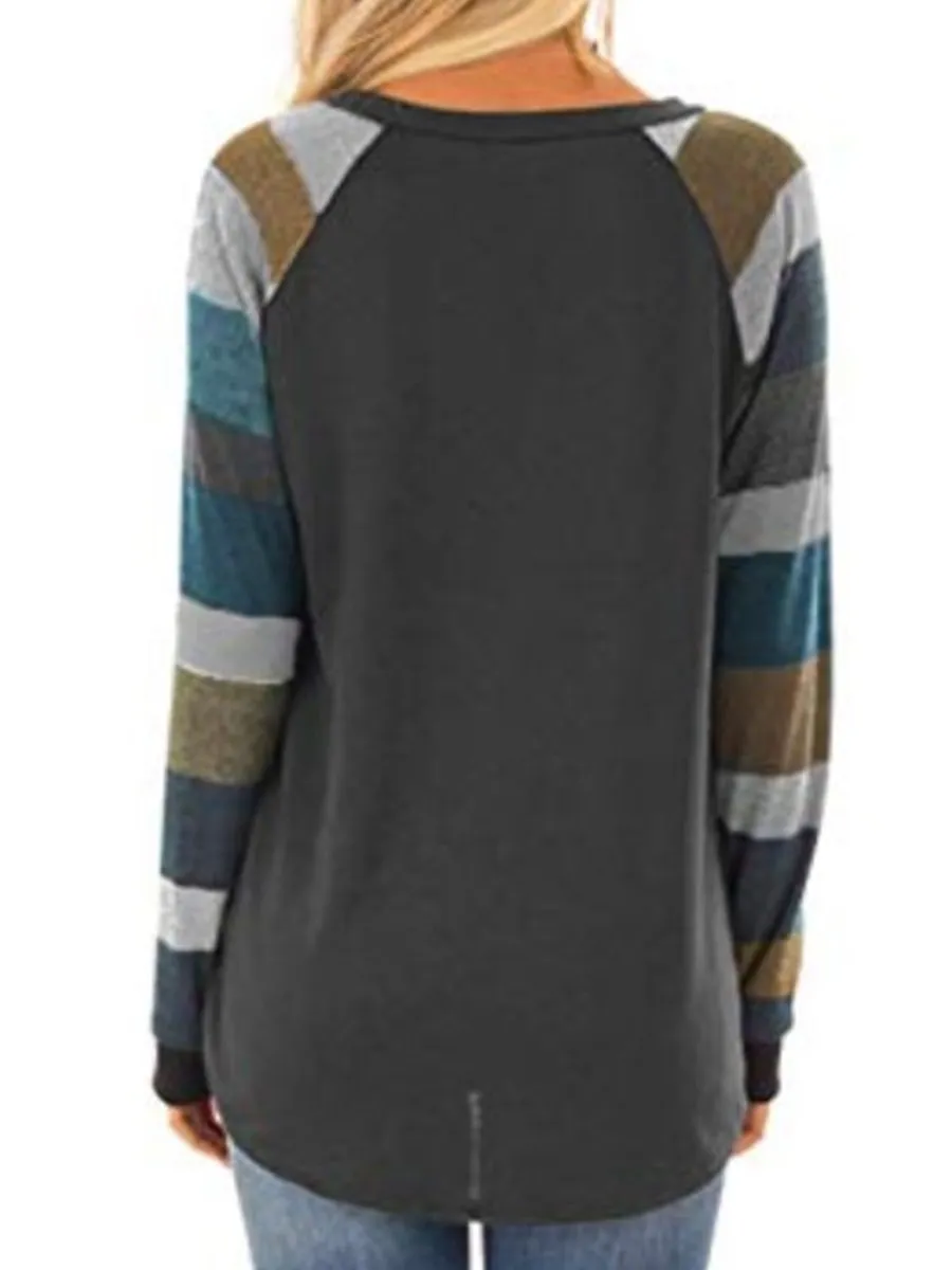 Round Neck  Patchwork  Stripes Long Sleeve T-Shirts