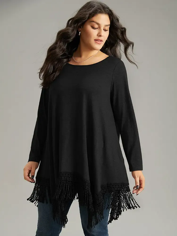 Solid Tassels Trim Pocket Asymmetrical Hem T-Shirt