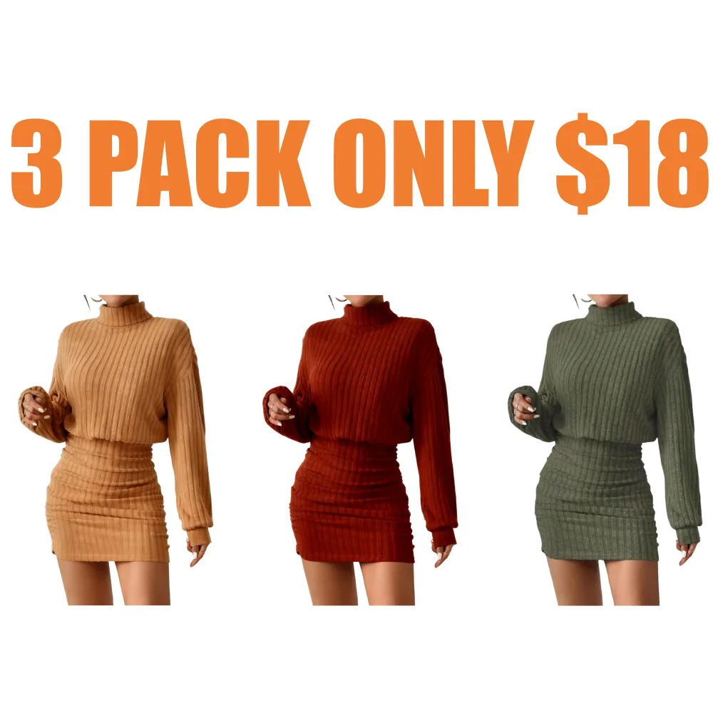 Women's Plain Drop Shoulder Turtleneck Ribbed Dress