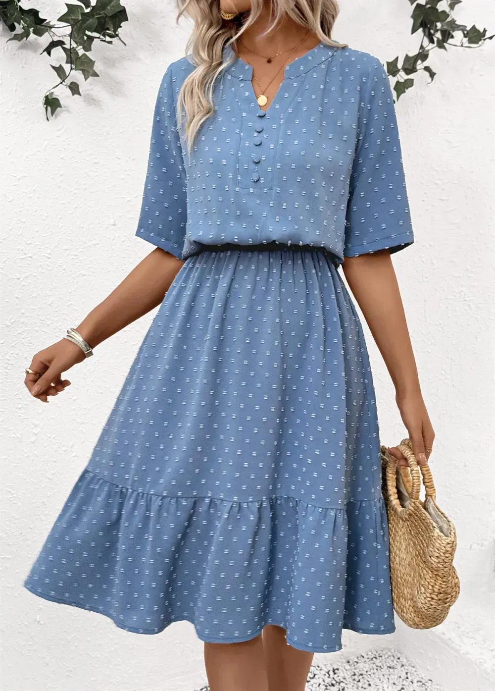 Dusty Blue Polka Dot Short Sleeve Split Neck Dress