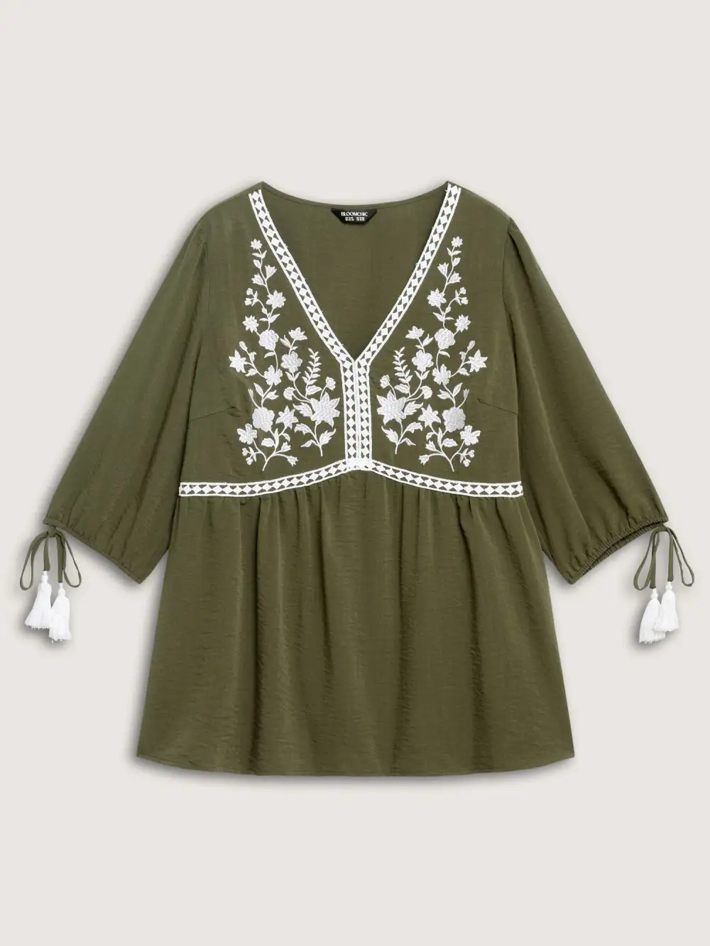Floral Embroidery Puffy Sleeve-Tie Blouse