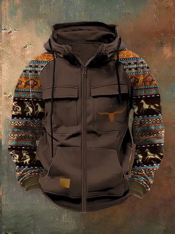 Men's Vintage Western Deer Print Multi-Pocket Jacket