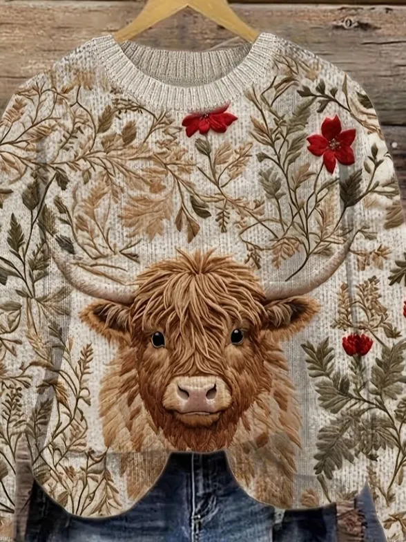 Women's Cute High-Low Denim Print Knitted Crew Neck Sweater