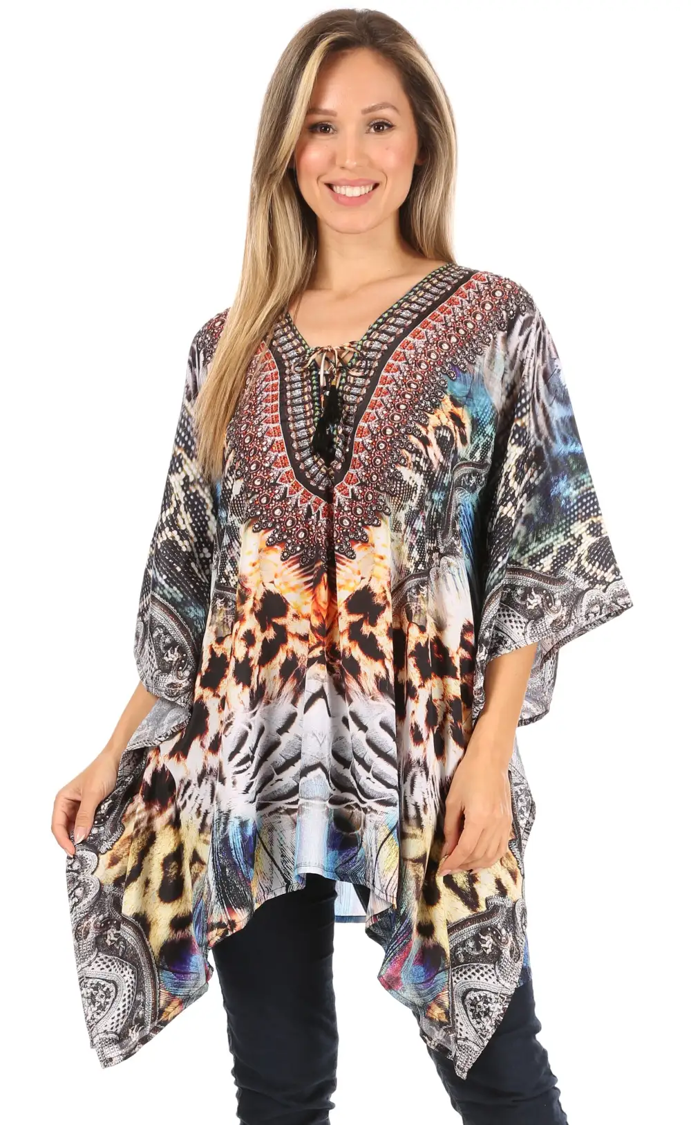 Women's Caftan Poncho Cover up V neck Top Lace up With Rhinestone