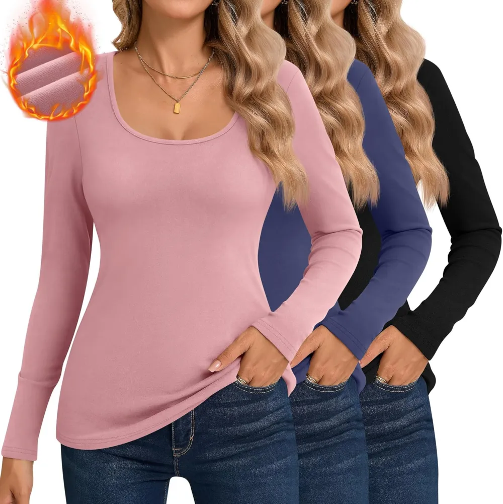 3 Pack Women's Thermal Long Sleeve Shirts Fleece Lined Scoop Neck Stretch Fitted Tops Winter Base Layer Underwear