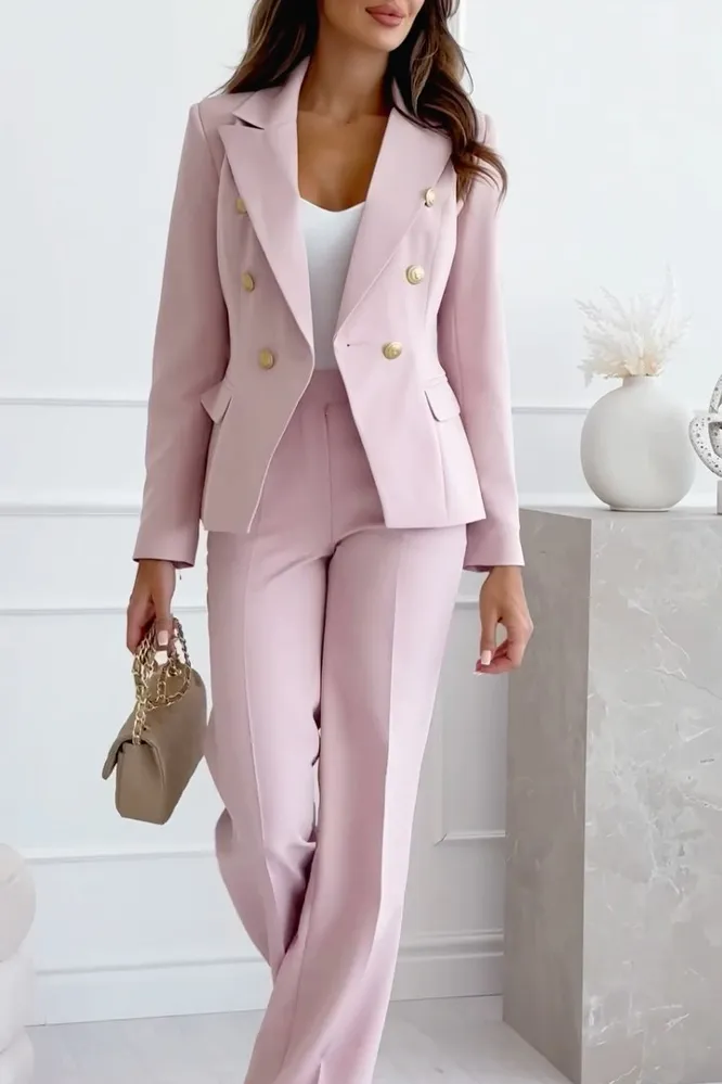 Women's Fashion Solid Color Slimming Button Jacket Pants Two Piece Set