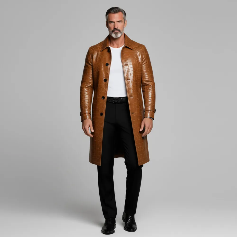 Men's Brown Shirt Collar Long Sleeve Button Crocodile Pattern PU Leather Trench Coat