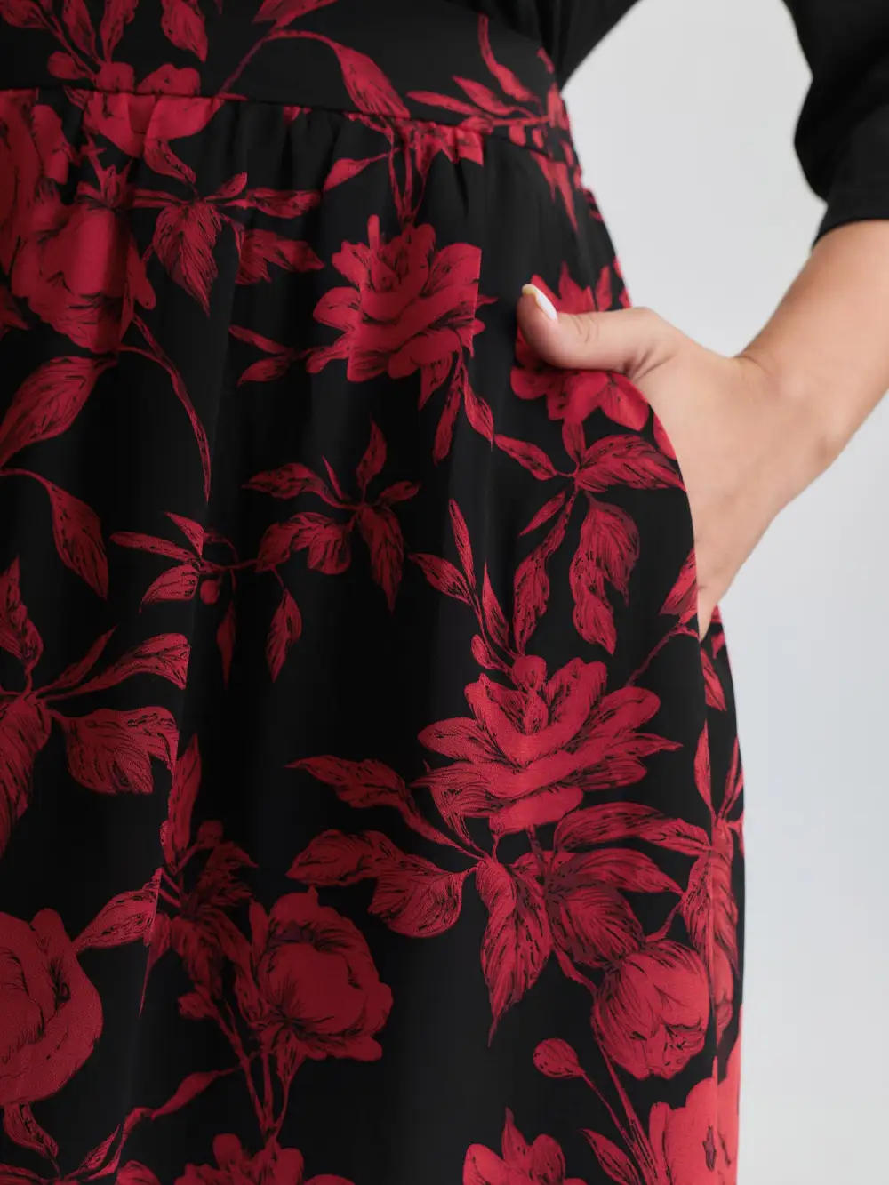 Floral Shirred Waist Color Contrast Midi Dress