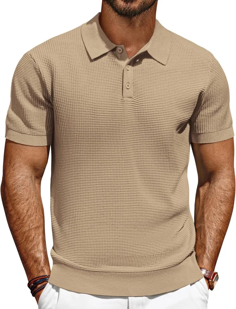 Knit Polo Shirts for Men Casual Short Sleeve Waffle Texture Polo Golf Shirt
