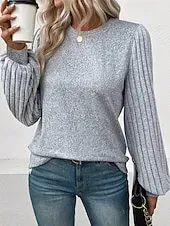 Women's Texture Blouse T Shirt Tee Top Plain Fashion Modern Long Sleeve Crew Neck Regular Tops Daily Going out Patchwork Gray Spring Fall