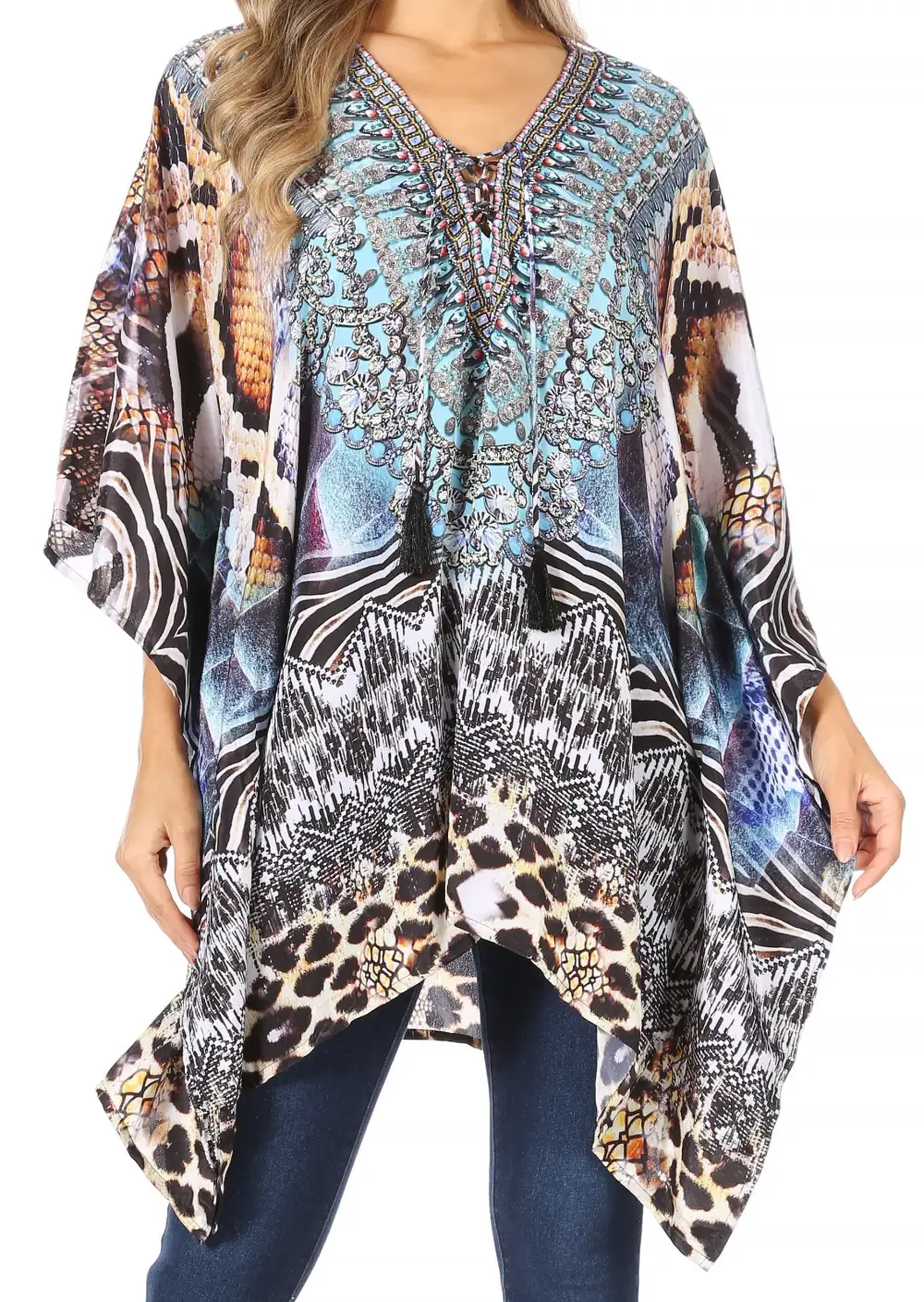 Women's Caftan Poncho Cover up V neck Top Lace up With Rhinestone