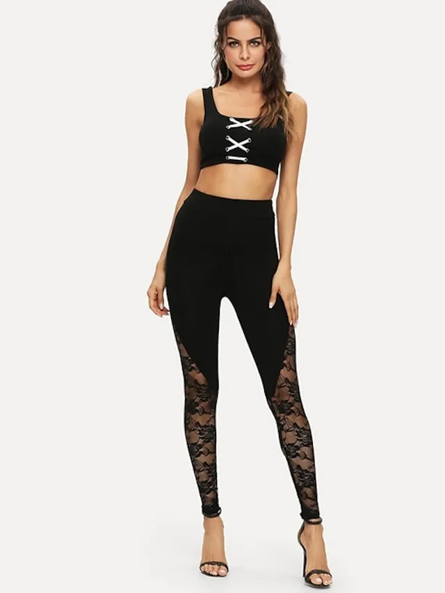 Women's Lace Tights Leggings Jeggings Black Mid Waist Sexy Stretchy Full Length Solid Colored S M L XL XXL / Slim
