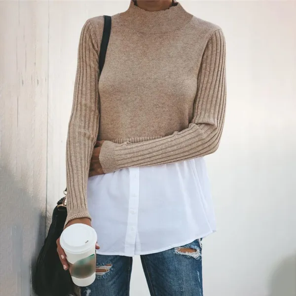 Commuting Solid Color Fake Two Pieces Pullover Jumper