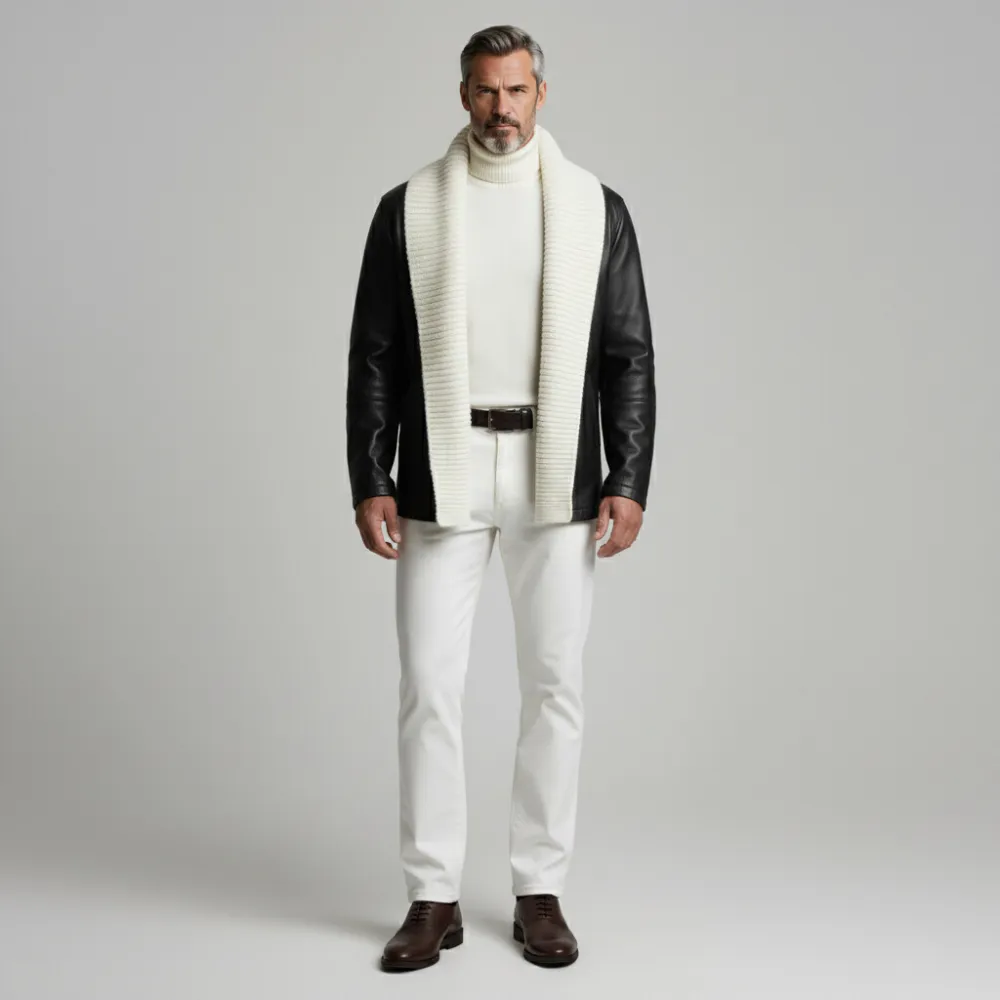 Men's Black Ribbed Knit Shawl Lapel Long Sleeve Pockets PU Leather Cardigan