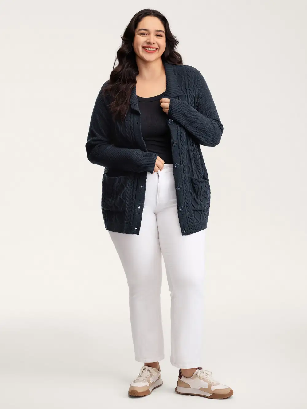 Mixed Texture Cable Stitch Pockets Knit Cardigan