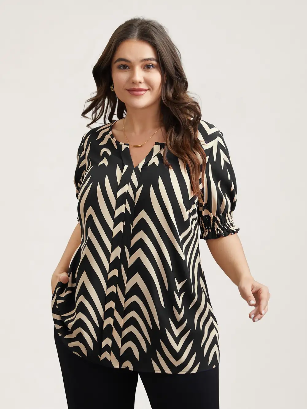 Geometric Print Ruffled Shirred Shirt