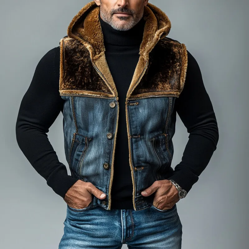 Men's Plush Patchwork Denim Single Breasted Hooded Vest