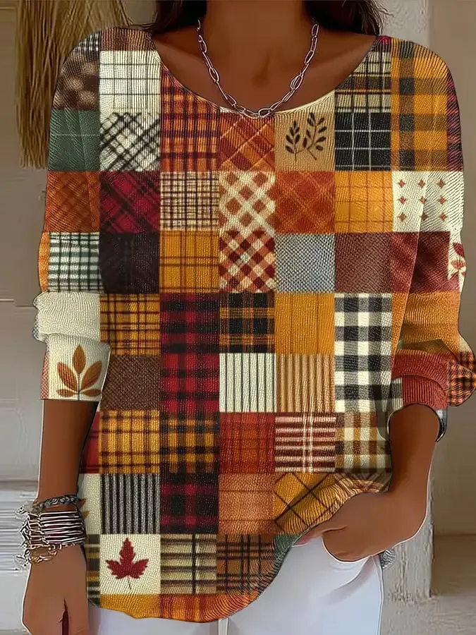 Women's Casual Autumn Plaid Print T-shirt