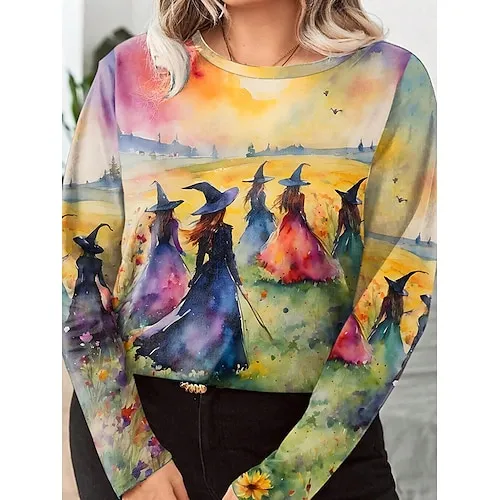 Women's Halloween Sweatshirt Pullover Witch Halloween Print Yellow Casual Crew Neck Long Sleeve Top Micro-elastic Spring Fall & Winter