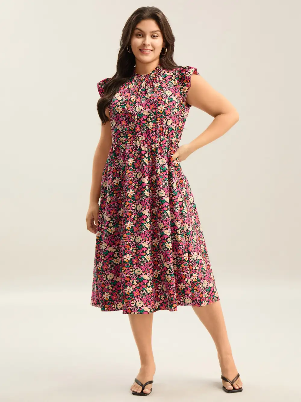 Floral Print Shirred Pockets Midi Dress