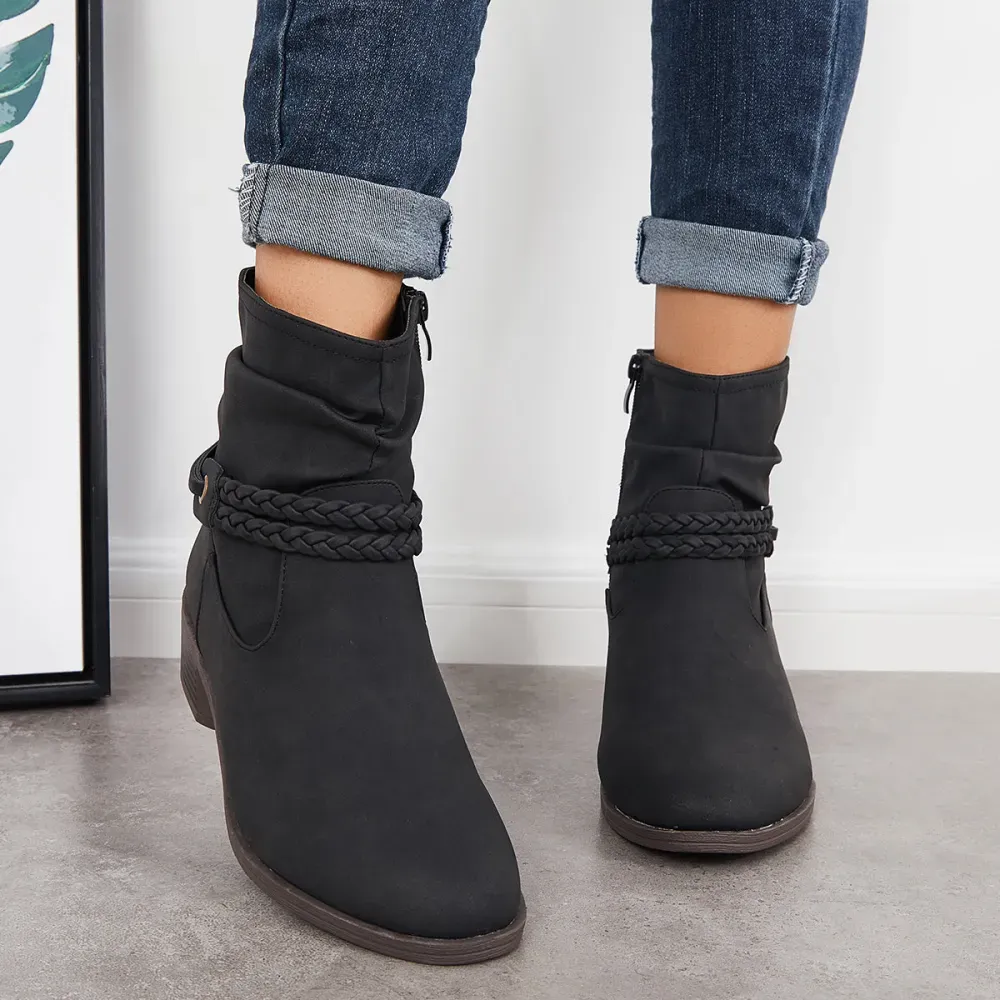Slouchy Ankle Boots Braided Strap Chunky Block Heel Booties