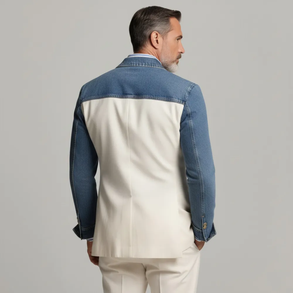 Men's Blue And White Denim Patchwork Peak Lapel Double Breasted Long Sleeve Blazer