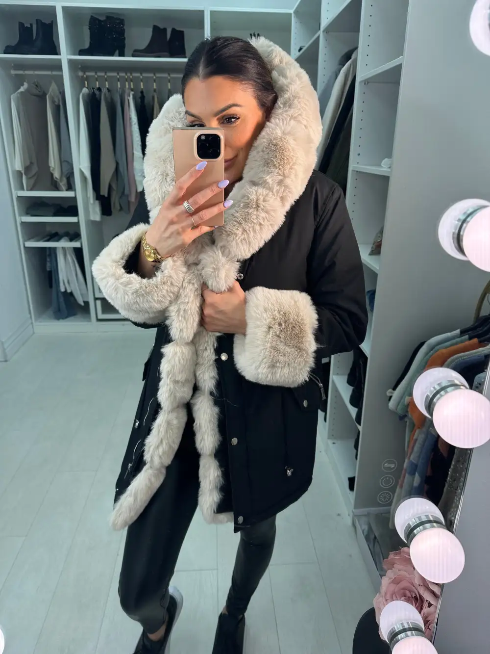 Amaya Black Beige Faux Fur Hooded Toggle Coat