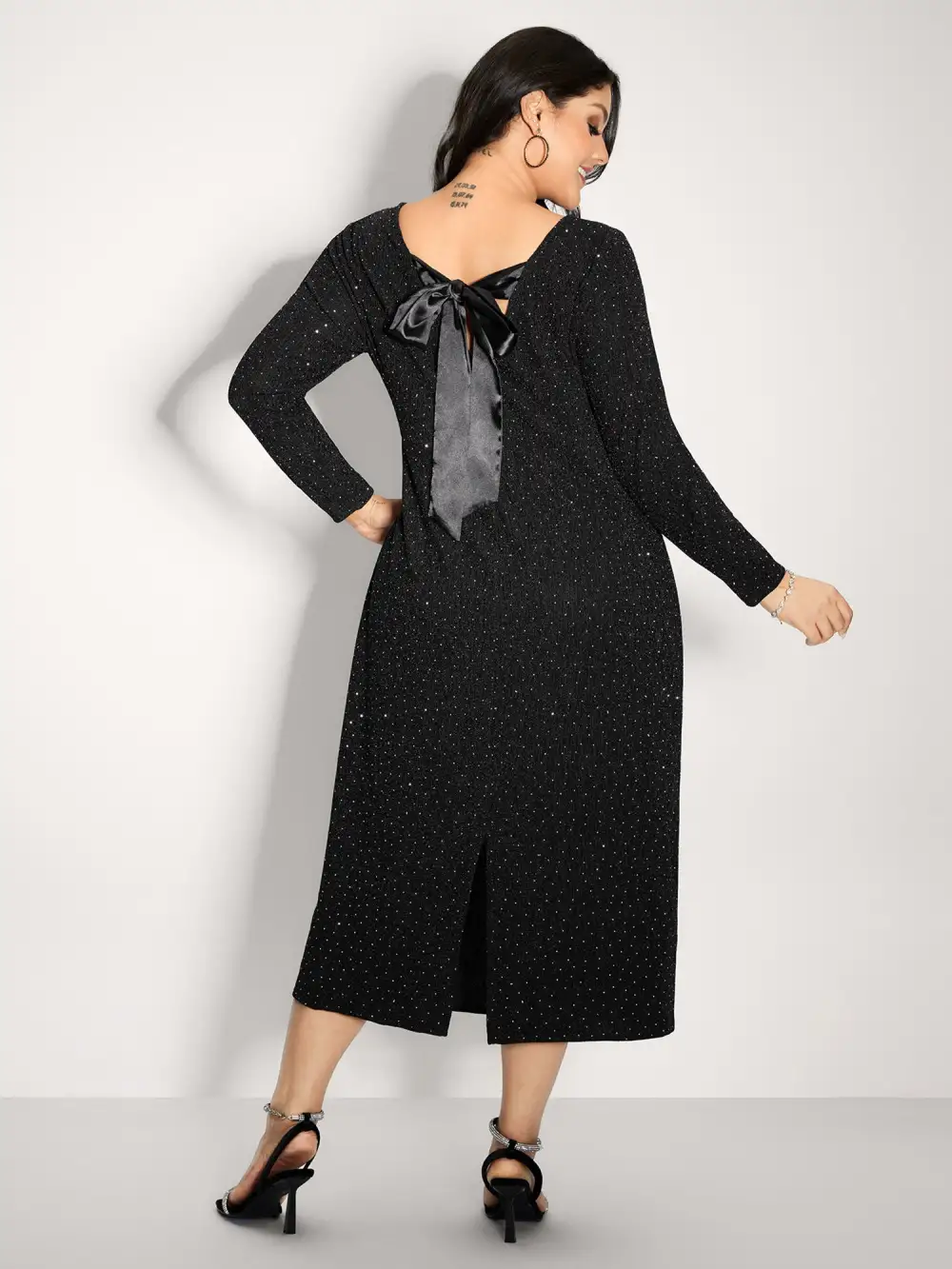 Metallic Detail Shimmery Back Bow Midi Dress