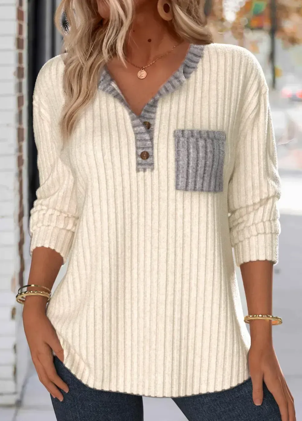 Beige Button Long Sleeve Split Neck Sweatshirt