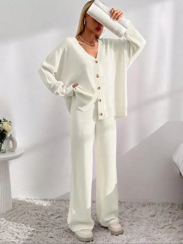 Women's V-Neck Button Cardigan & Wide-Leg Pants Set