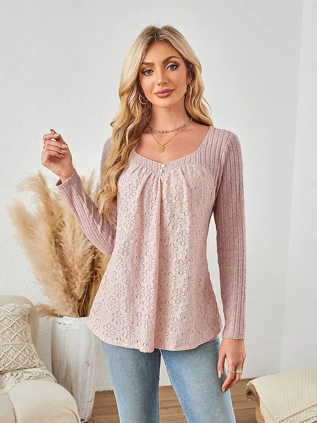 Women's Blouse Textured Ribbed Solid Color Eyelet Daily Elegant Stylish Puff Sleeve Long Sleeve