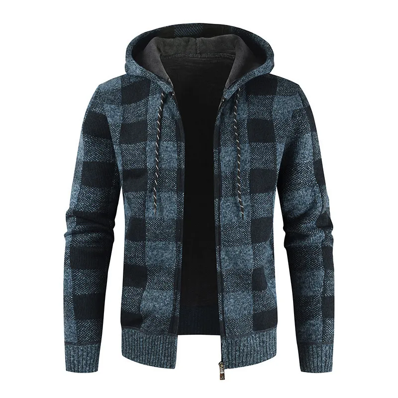 Men's Retro Check Knit Cardigan Hooded Jacket