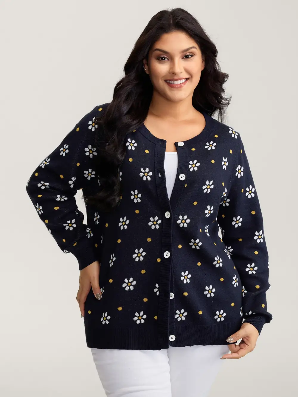 Floral Polka Dot Print Button Knit Cardigan