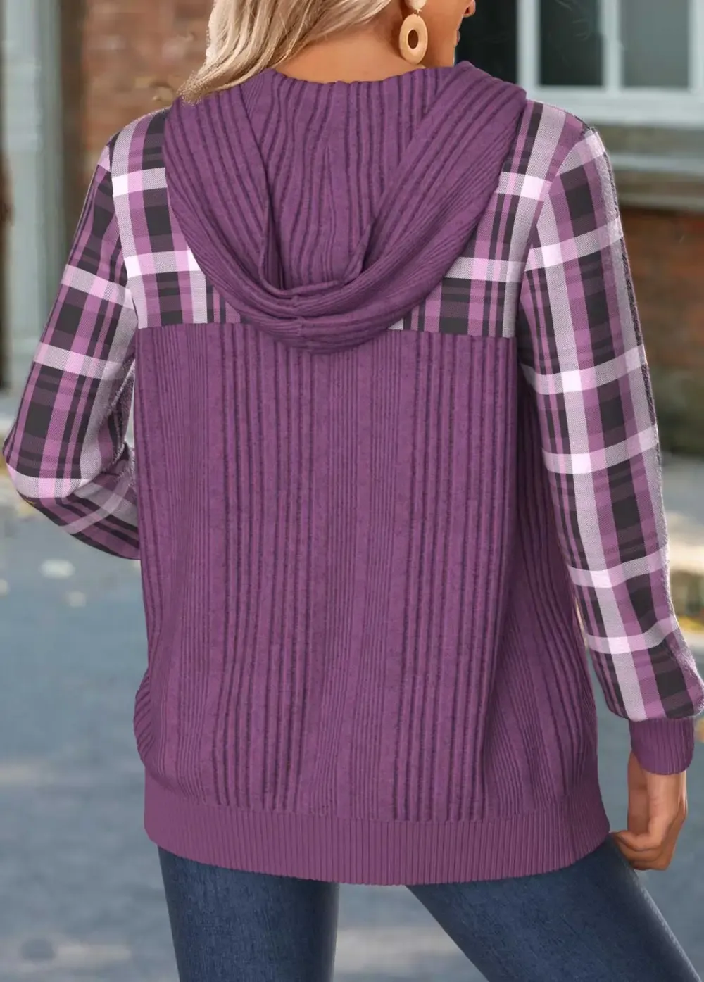 Purple Tummy Coverage Plaid Long Sleeve Hooded Coat