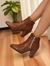 Women's Brown Faux Leather Ankle Boots with Zipper Closure and Block Heel - Stylish Western Fall Footwear for Daily and Casual Outfits