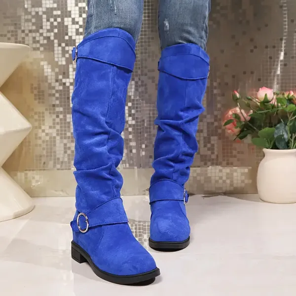 Women's Solid Color Trendy Boots, Buckle Belt Pull On Chunky Heel High Knee Boots
