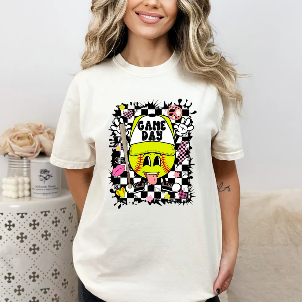 Peace And Love Baseball Game Day Printed Round Neck Short Sleeve T-Shirt