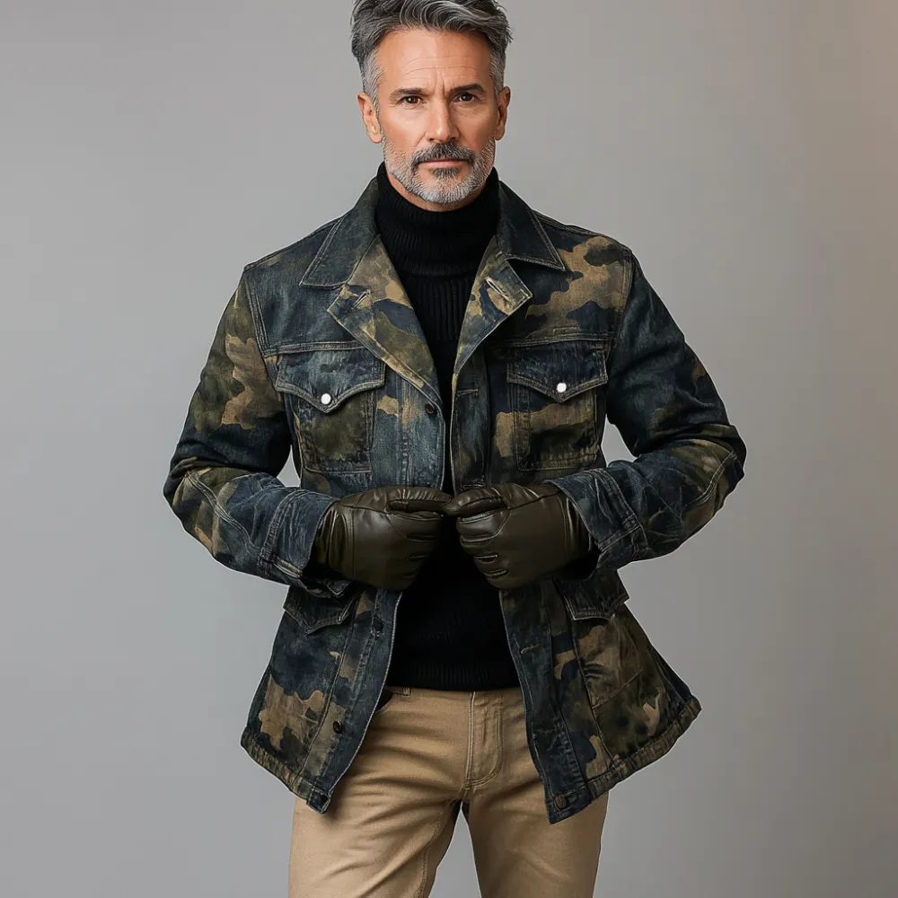 Men's Casual Camouflage Pattern Pockets Denim Safari Jacket