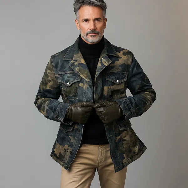 Men's Casual Camouflage Pattern Pockets Denim Safari Jacket