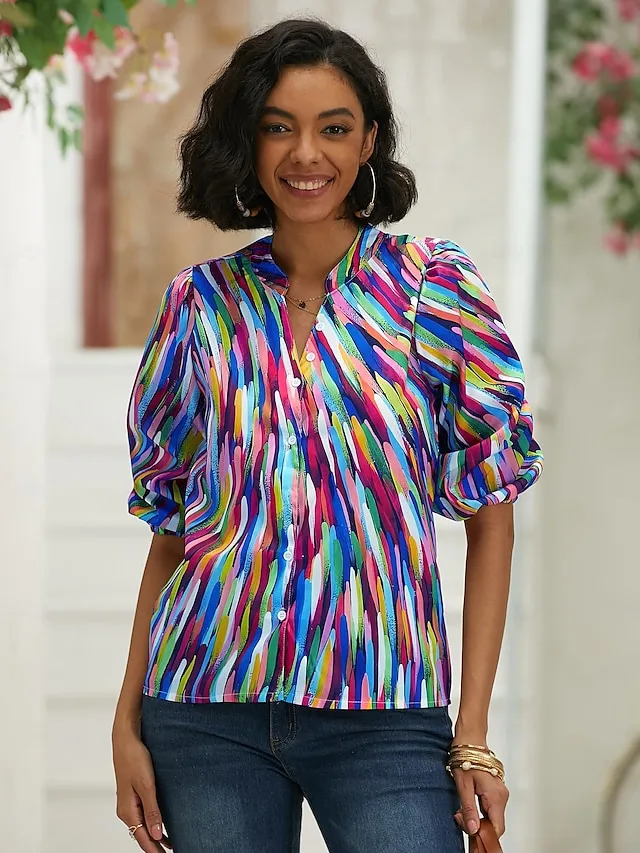 Women's Shirt Blouse Graphic Button Print Casual Basic Long Sleeve Standing Collar Blue Spring Fall