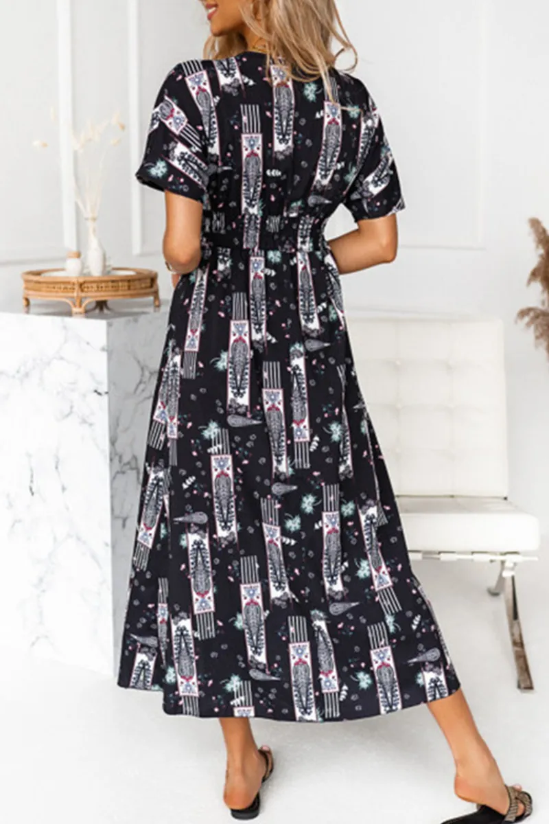 Fashion Elegant Print Tassel Split Joint V Neck A Line Dresses