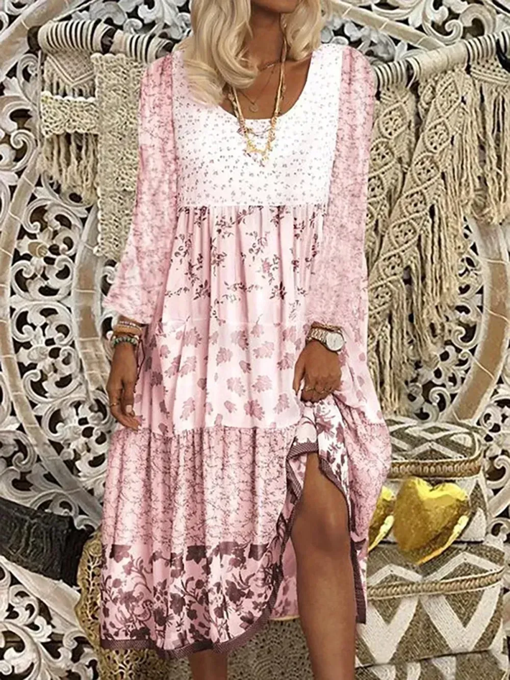 Floral Printed Long Sleeve Sweet Boho Dress