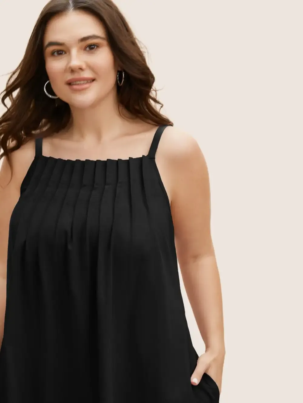 Cotton Plain Pleated Loose Fit Cami Dress