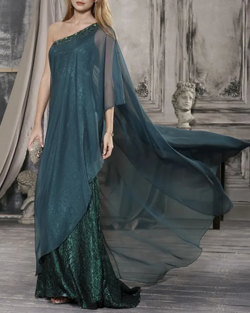 Gown maxi dress lace cape sequined chiffon