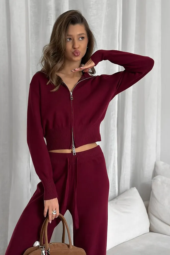 Women's Solid Color Knitted Zipper Top & Pants Two Piece Set