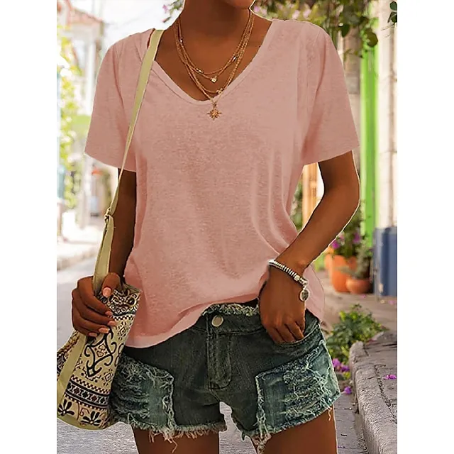 T shirt Tee Women's Black White Dark Red Plain Basic Daily Daily V Neck Regular Fit S