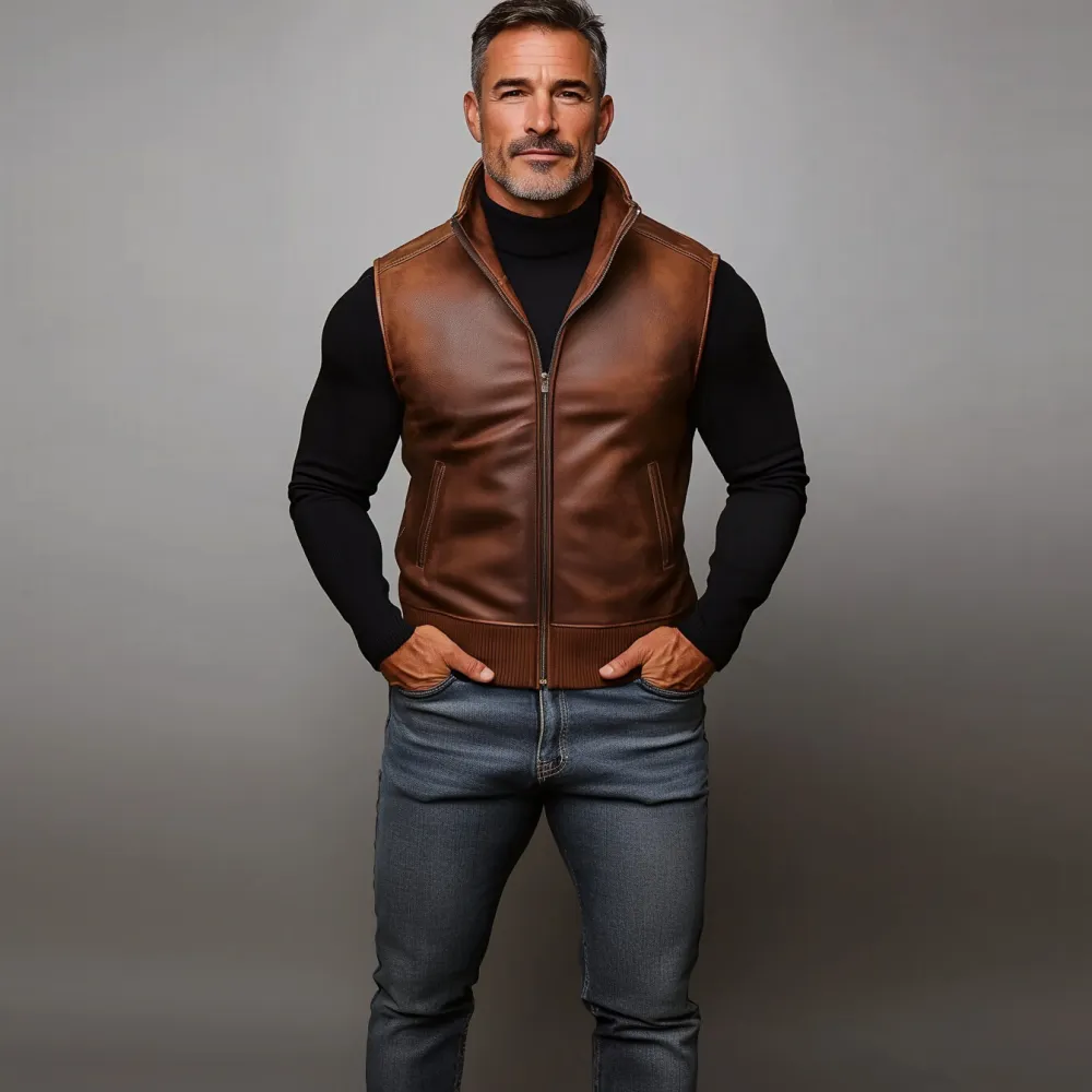 Men's PU Leather Stand Collar Slant Pocket Zip Up Vest