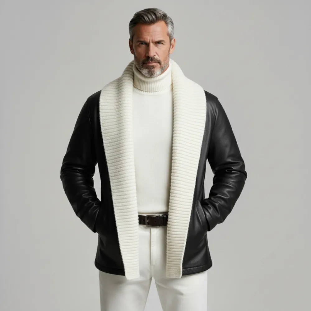 Men's Black Ribbed Knit Shawl Lapel Long Sleeve Pockets PU Leather Cardigan